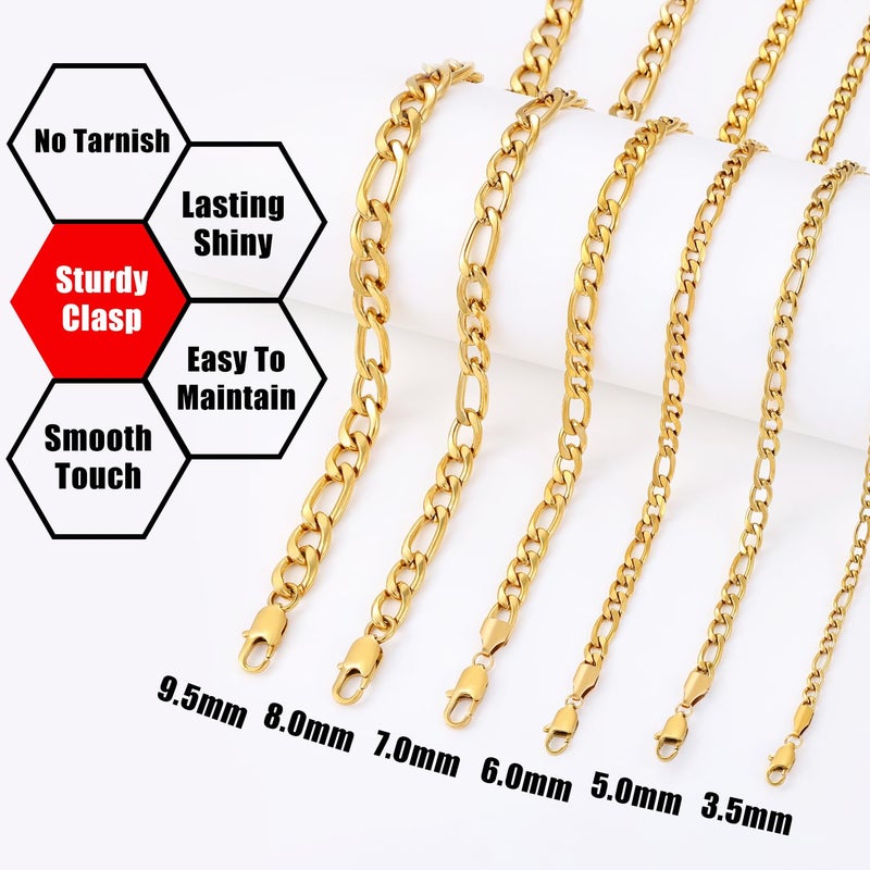 Fiusem 14K Gold Plated Figaro Chain Necklace for Men, 5mm Stainless Steel Necklace Chain for Men Women 20 Inch - Image 3