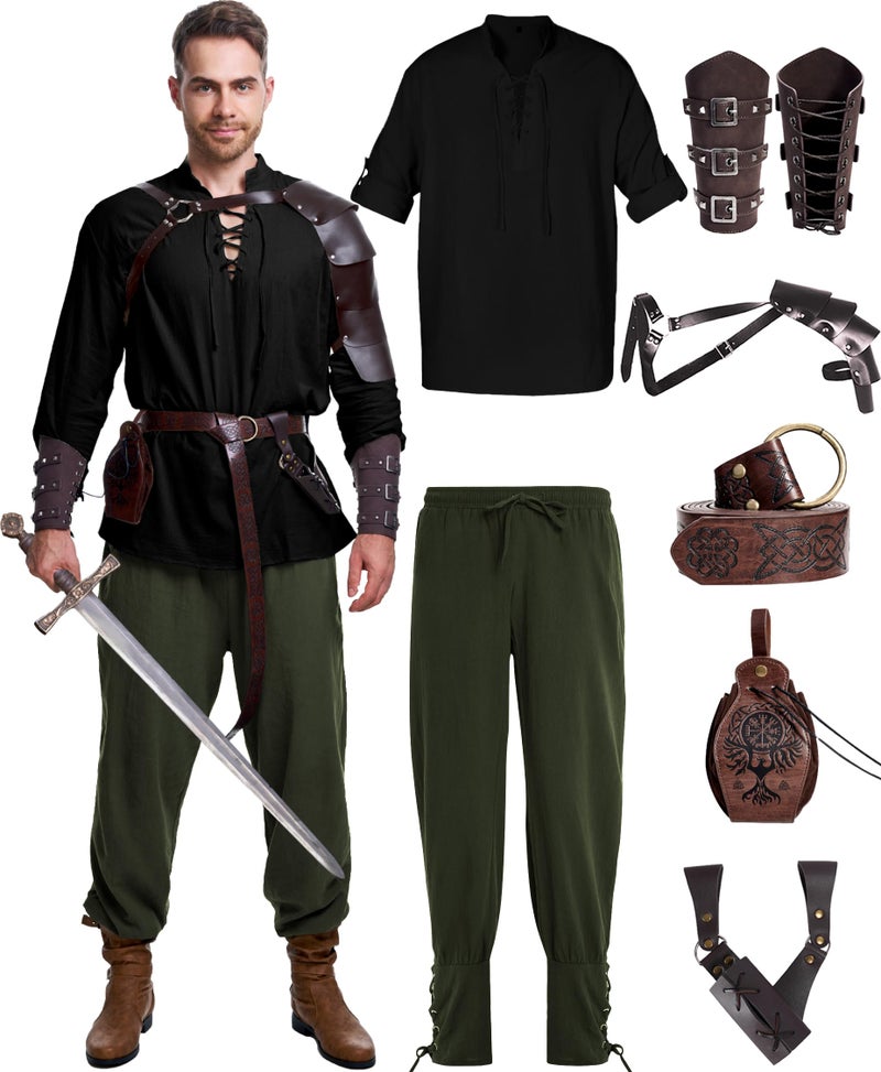 Vanderdyken 8 Pcs Men's Renaissance Costume Halloween Medieval Pirate Shirt Pant Viking Costume Accessories Set (Elegant Color, Large) - Image 1