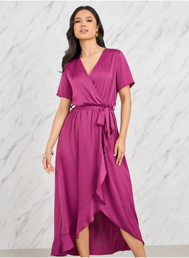 Styli Ruffle Asymmetric Hem Wrap Midi Dress