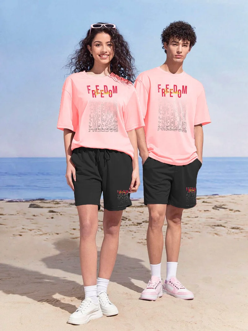 دوغ فش Lover Couple Combination T-Shirt-Shorts Freedoom Printed Oversize Pink