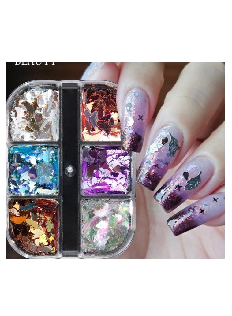 رقائق أظافر لامعة ذهبية على شكل ريشة، 6 شبكات لامعة رقيقة للغاية من رقائق الألومنيوم، تصميمات فنية للأظافر، لوازم أكريليك لتزيين أظافرك بنفسك، للنساء - Image 2