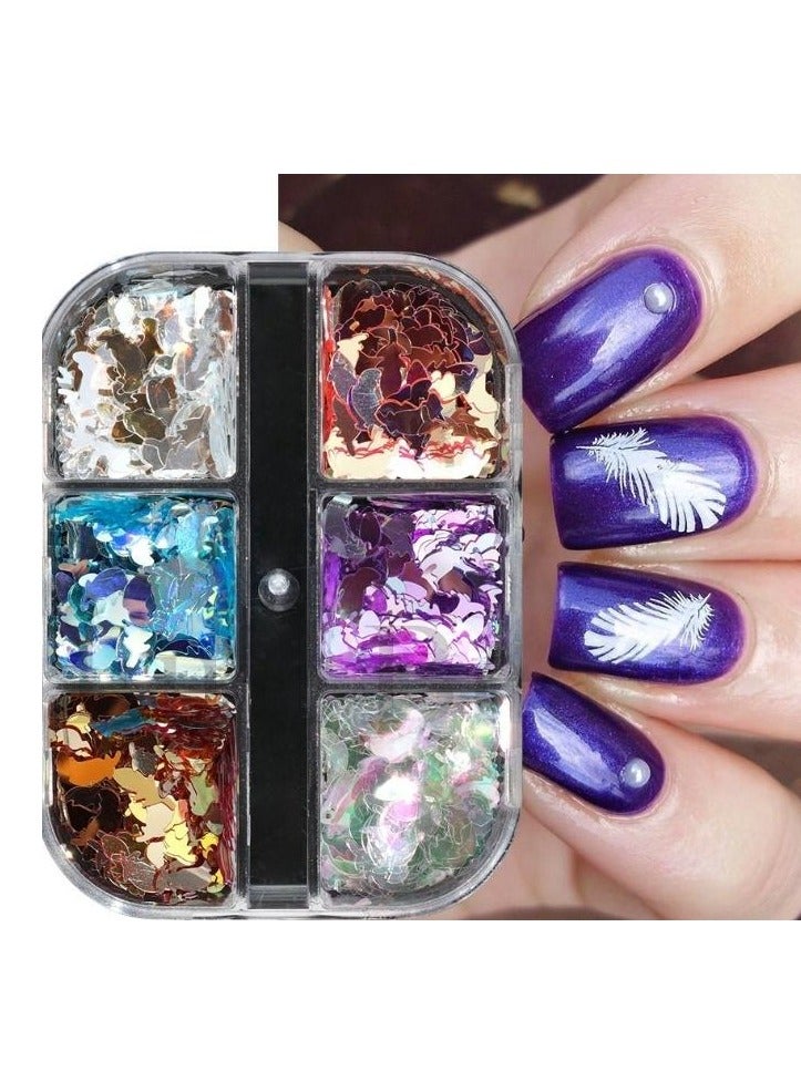 رقائق أظافر لامعة ذهبية على شكل ريشة، 6 شبكات لامعة رقيقة للغاية من رقائق الألومنيوم، تصميمات فنية للأظافر، لوازم أكريليك لتزيين أظافرك بنفسك، للنساء - Image 1