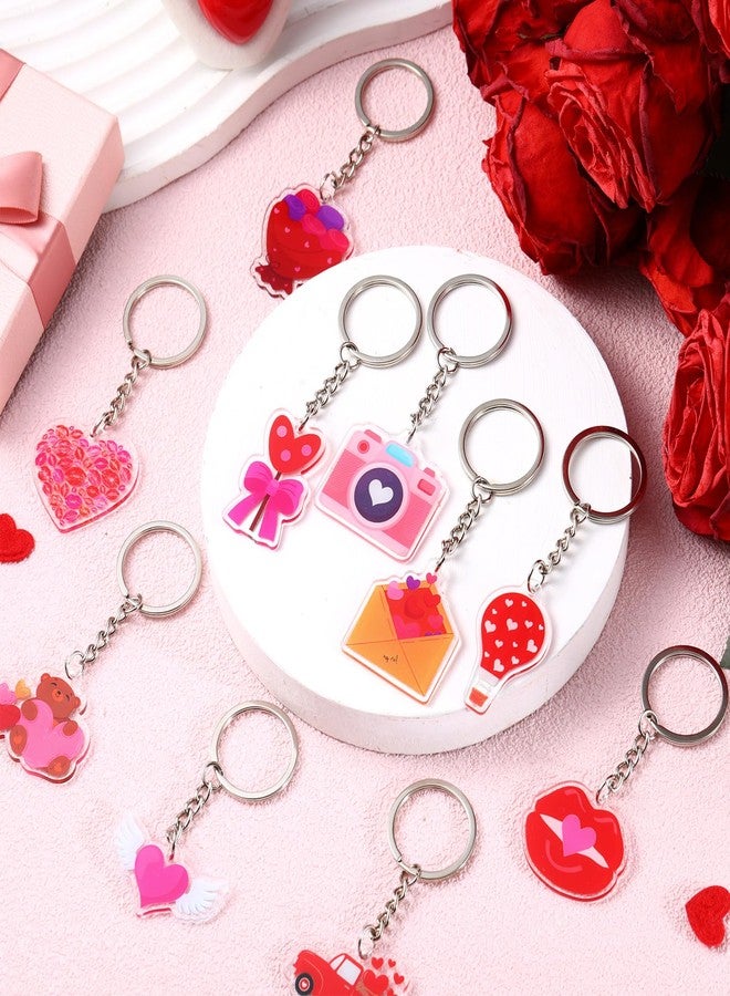 Sureio 50 Pcs Valentines Heart Keychains Bulk Red Pink Heart Shaped Key Rings Acrylic Rose Flower Charm Pendant for Valentines Wedding Gifts - Image 2