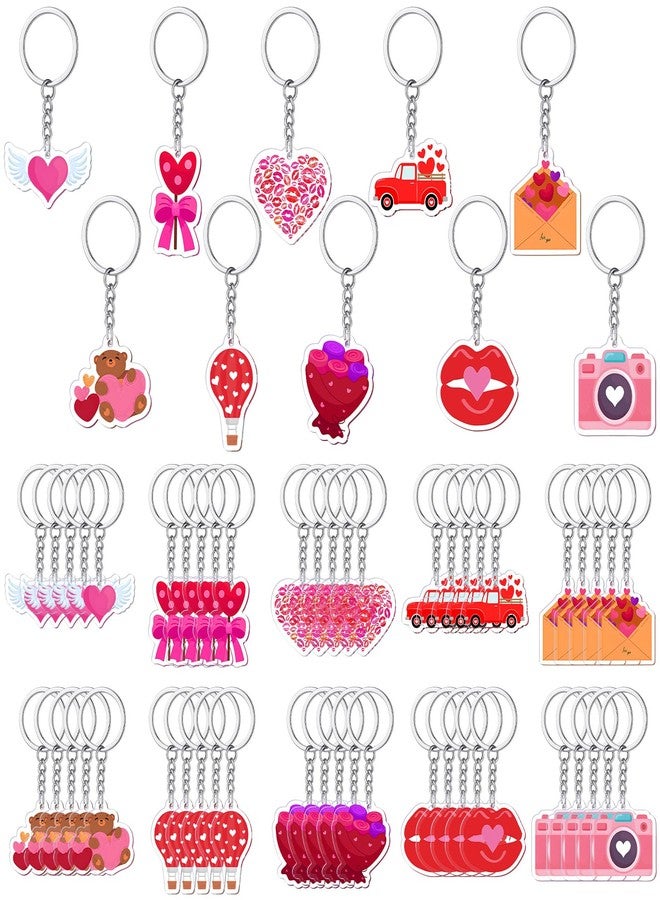 Sureio 50 Pcs Valentines Heart Keychains Bulk Red Pink Heart Shaped Key Rings Acrylic Rose Flower Charm Pendant for Valentines Wedding Gifts - Image 1