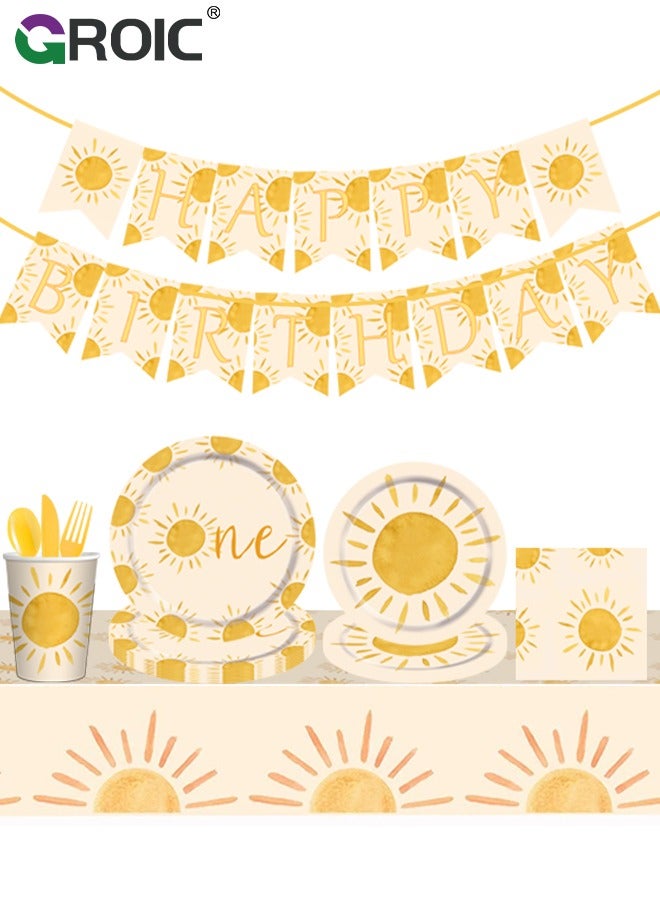 GROIC 72 Pcs Birthday Party Supplies and Decorations Pack, One Year Old Sun Theme Party Decoration, Include Banners, Tablecloths, Knives, forks, Plates, Napkins, Cups, Etc for Birthday Party Decorations - Image 1