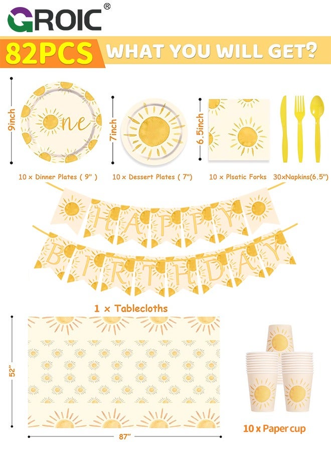 GROIC 72 Pcs Birthday Party Supplies and Decorations Pack, One Year Old Sun Theme Party Decoration, Include Banners, Tablecloths, Knives, forks, Plates, Napkins, Cups, Etc for Birthday Party Decorations - Image 2