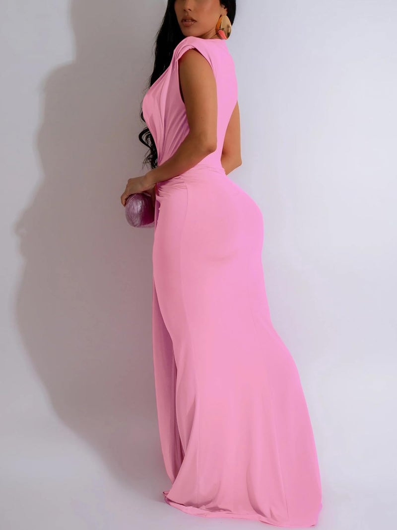 Ekaliy Women's Elegant Sleeveless Plunge V Neck Bodycon Party Evening Gown Maxi Dress Pink M - Image 2