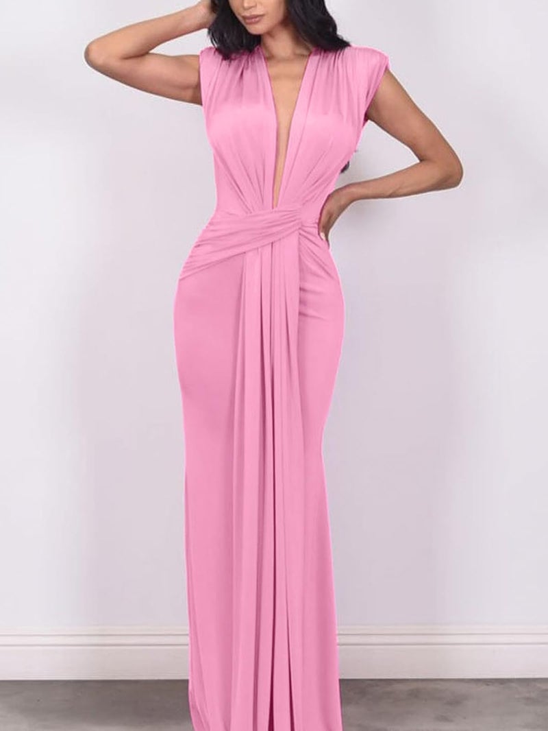 Ekaliy Women's Elegant Sleeveless Plunge V Neck Bodycon Party Evening Gown Maxi Dress Pink M - Image 3