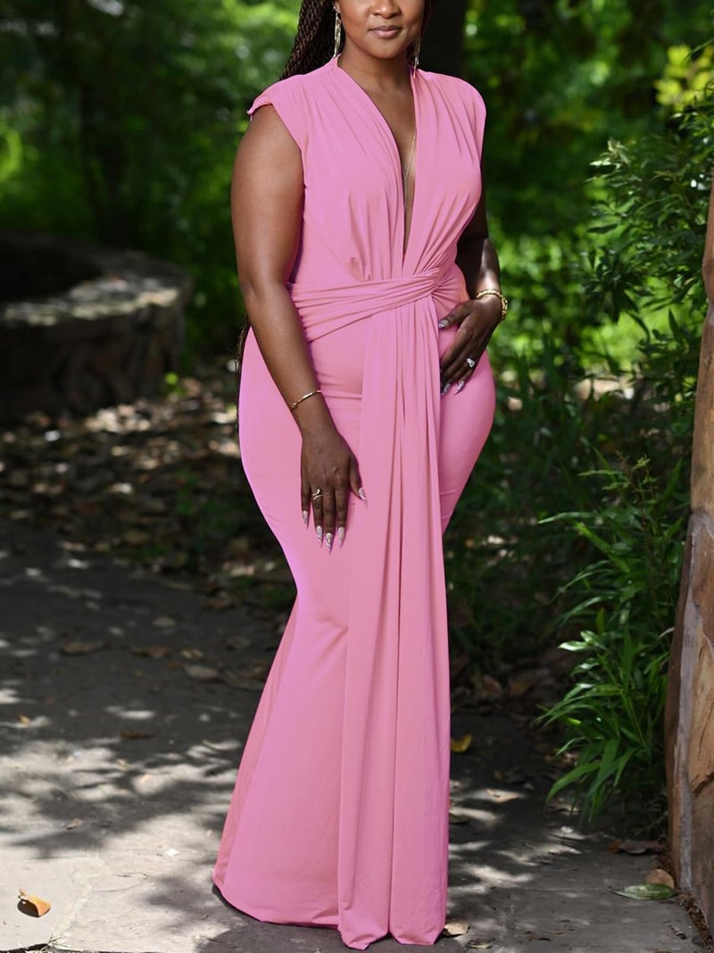 Ekaliy Women's Elegant Sleeveless Plunge V Neck Bodycon Party Evening Gown Maxi Dress Pink M - Image 4