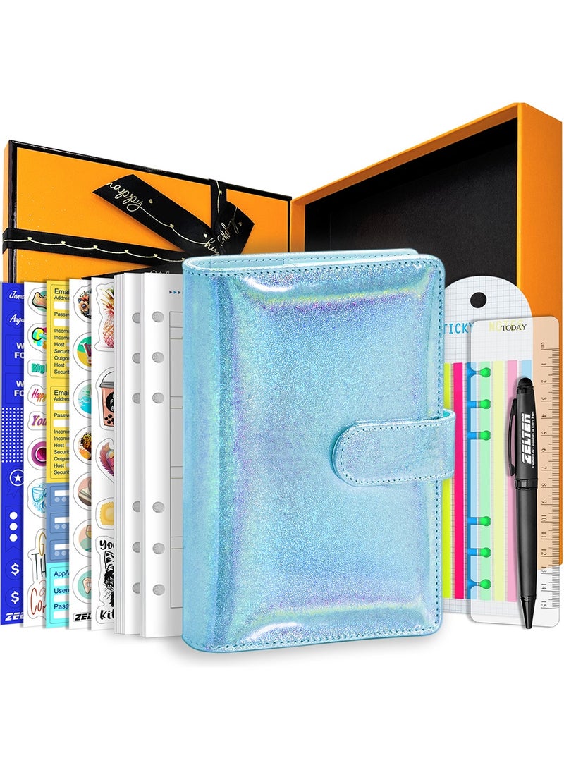 PU Leather Personal Notebook Planner with 67 Pages Loose-Leaf Papers 6 Holes Ring Binder Pen Holder Magnetic Buckle  (Indigo Glitter)