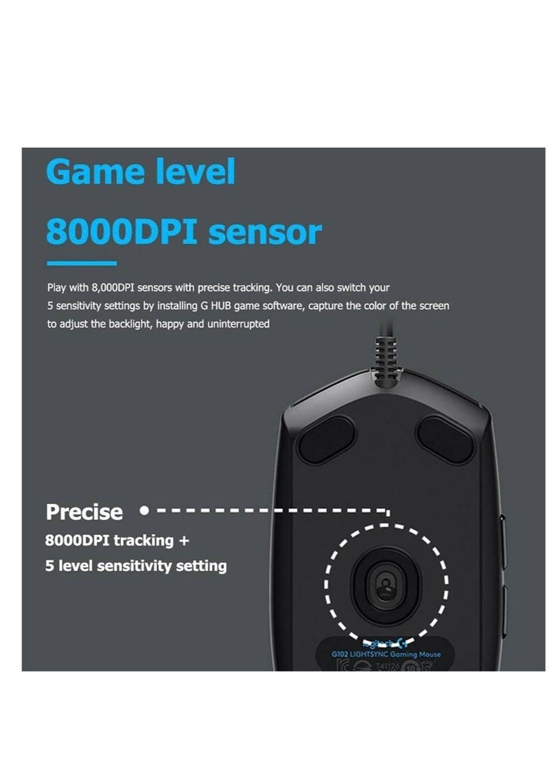 Logitech G102 Lightsync Gaming Mouse Sensor 8000 Dpi - Full-Spectrum RGB 16.8 Million, 6 Programmable Buttons, G Hub Software (85g)