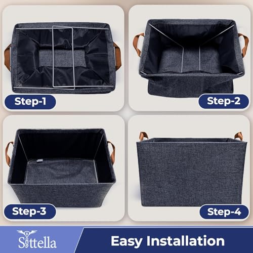SITTELLA® Polystyrene Pack of 4 Foldable Wardrobe Organizer with Durable Handle, Stuff Storage Box Closet Drawer Organizers for Clothes, Toys, Books, Blanket (Navy Blue), 47 x 27 x 20 Cm - Image 3