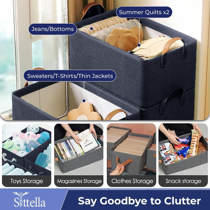 SITTELLA® Polystyrene Pack of 4 Foldable Wardrobe Organizer with Durable Handle, Stuff Storage Box Closet Drawer Organizers for Clothes, Toys, Books, Blanket (Navy Blue), 47 x 27 x 20 Cm - Image 2