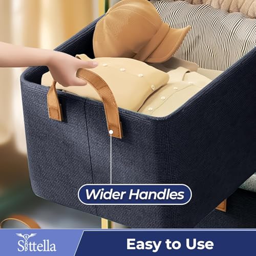 SITTELLA® Polystyrene Pack of 4 Foldable Wardrobe Organizer with Durable Handle, Stuff Storage Box Closet Drawer Organizers for Clothes, Toys, Books, Blanket (Navy Blue), 47 x 27 x 20 Cm - Image 4