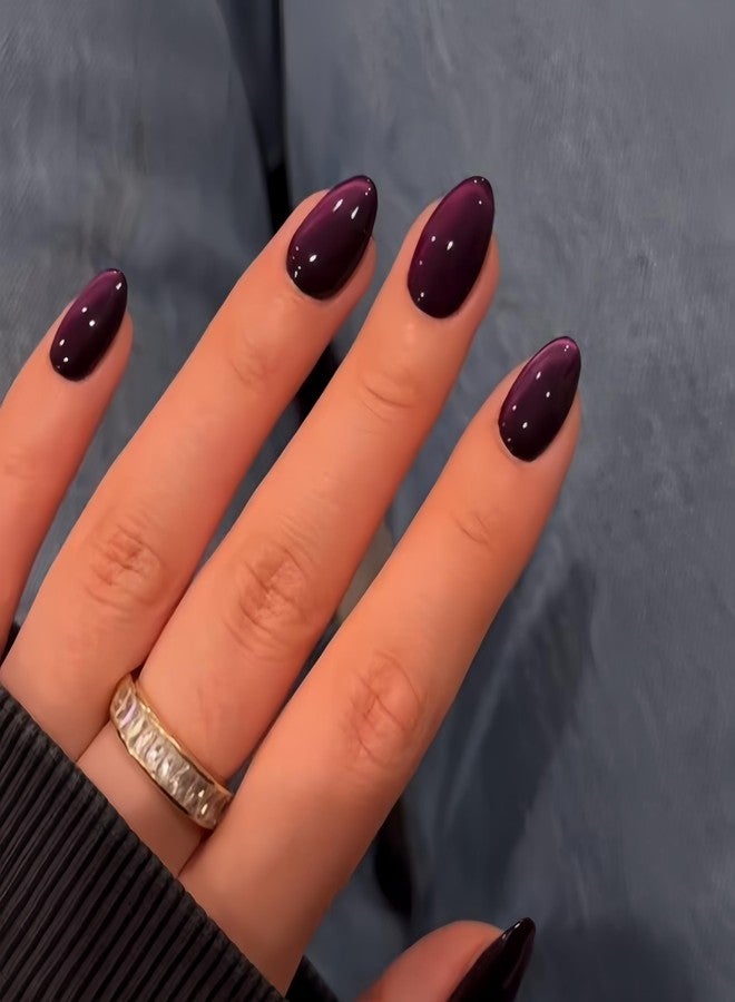 KQueenest أظافر KQueenest Cat Eye اللاصقة، قصيرة بيضاوية، 30 قطعة، أظافر صناعية بنفسجية داكنة، قصيرة جدًا مستديرة، أظافر لاصقة سوداء لامعة لامعة، أظافر صناعية كروم لامعة قابلة لإعادة الاستخدام للنساء، مقاس صغير - Image 1