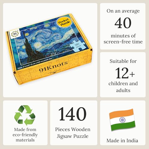 91Knots Vincent Van Gogh's-Starry Night Wooden Jigsaw Puzzle (140 Pieces) for Adults and Kids-Masterstroke Collection | Brain Booster Games & Toys for Above 5+ Years | Birthday Gift for Kids - Image 3