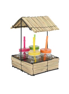 A Set of 4 Piece Glass Cups with Colored Lids and Straws