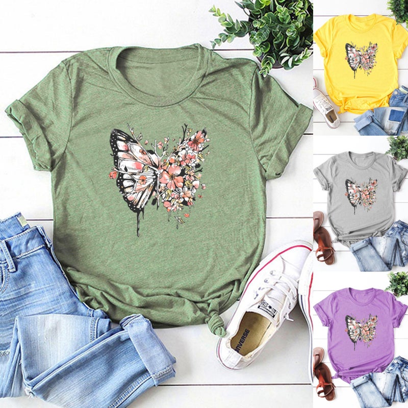 wish independent station butterfly flower pattern printed short sleeve t-shirt for women - Image 2