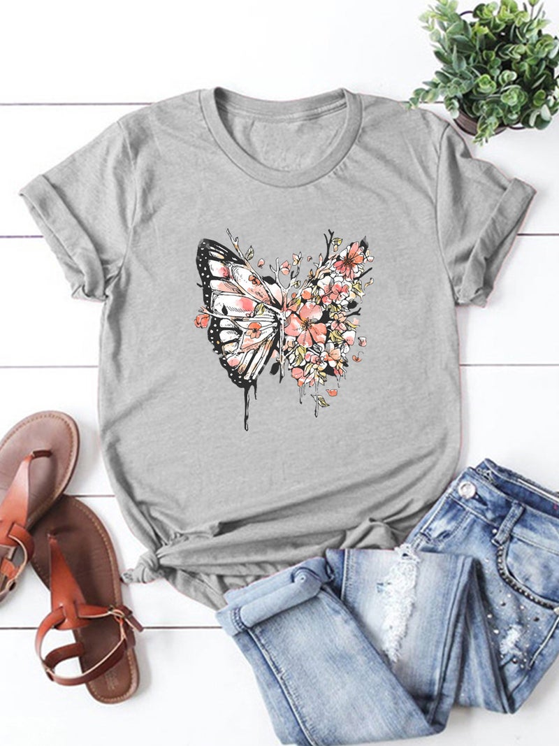 wish independent station butterfly flower pattern printed short sleeve t-shirt for women - Image 5