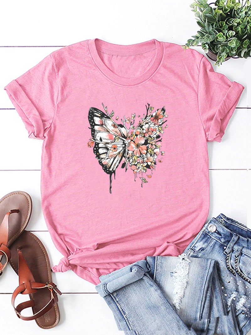 wish independent station butterfly flower pattern printed short sleeve t-shirt for women - Image 3
