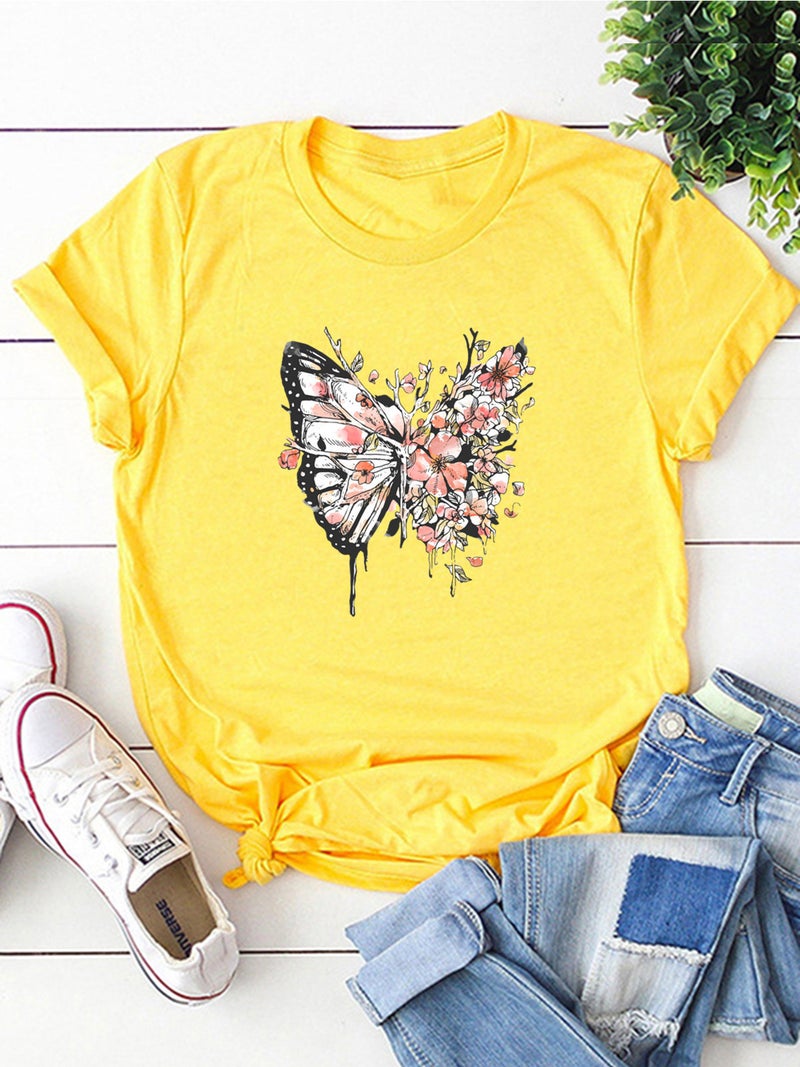wish independent station butterfly flower pattern printed short sleeve t-shirt for women - Image 4