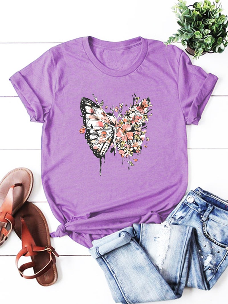 wish independent station butterfly flower pattern printed short sleeve t-shirt for women - Image 1