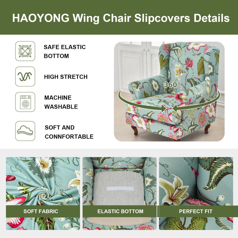 HAOYONG Wing Chair Slipcovers Stretch Wingback Chair Covers Printed 2 Pieces Wingback Armchair Slipcover Elastic Chair Slip Covers Washable Armchair Protector Cover for Living Room and Bedroom - Image 4