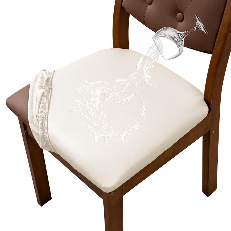 YUEANG Waterproof PU Leather Seat Covers for Dining Room Chairs Set of 4 Stretch Dining Chair Slipcovers Kitchen Chair Seat Covers NonSlip  Washable Beige