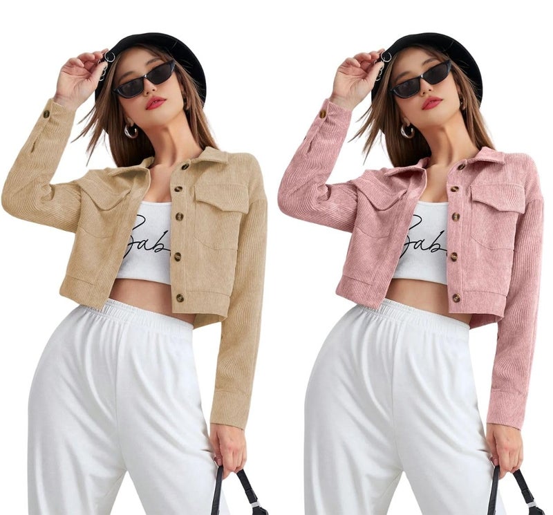 SMOWKLY Women’s Cotton Blend Cropped Jacket with Two Pockets| Casual Button Down Shirt | Stylish Lightweight Outerwear for Women’s | Long Sleeve Jacket for Regular Wear(1684-CRM-XXL/1684-PCH-XXL) - Image 1