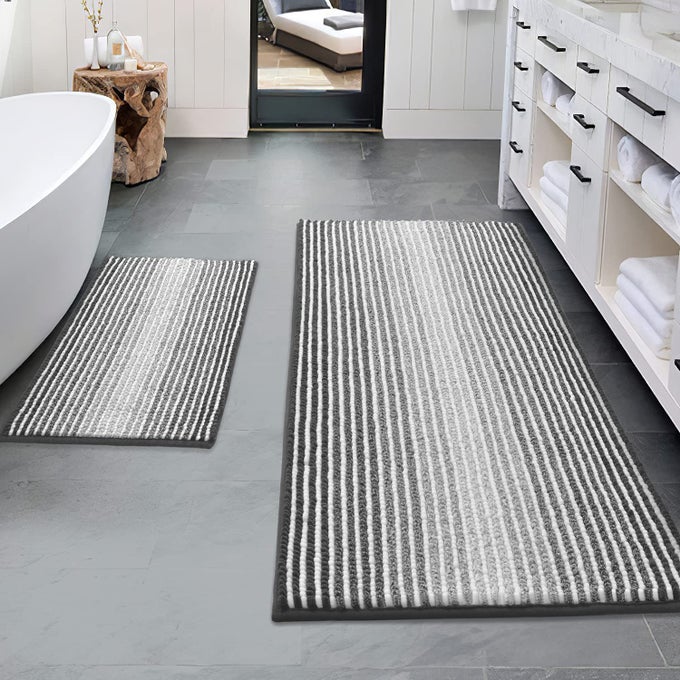 BATHROOM RUGS AND MATS SETS 2 PIECE THICK ABSORBENT CHENILLE NON SLIP SOFT SHAGGY FLOOR MATS MACHINE WASHABLE 20 X 47 PLUS 16 X 24 GRAY