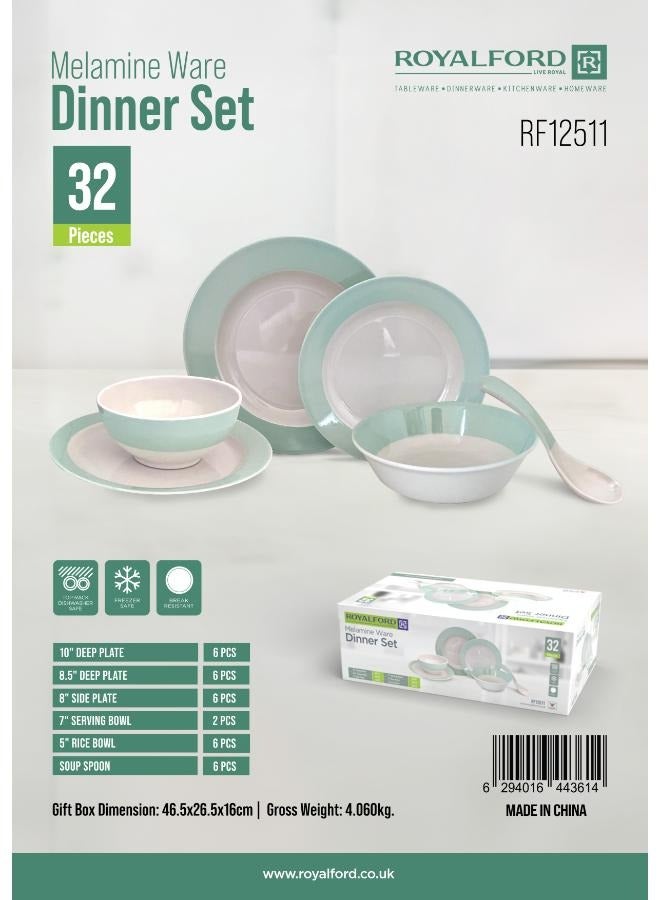 Royalford 32Pc Melamine Dinner Set ,break resistant ,freezer safe and Top Rack Dishwasher Safe Green and White 10inch - Image 2