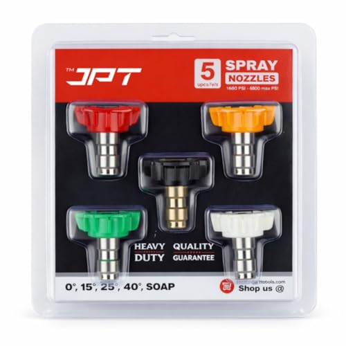 JPT 5-Piece 1/4-Inch Quick Connect Universal Pressure Washer Nozzle Tips with 0°, 15°, 25°, 40°, 65° Degrees Nozzle - Image 1