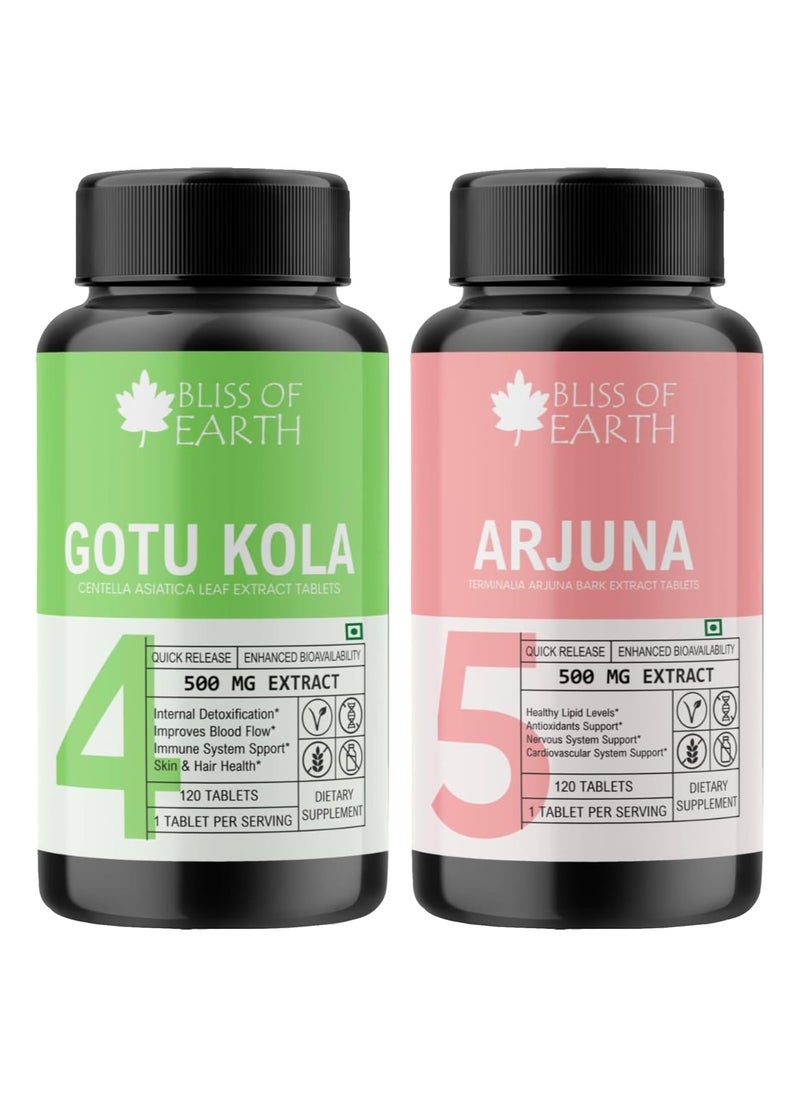 BLISS OF EARTH - Bliss of Earth High Potency Combo of Gotu Kola Extracts Tablets 500mg & Arjuna Bark Extract Tablets 500mg, 120 Count Each - Image 1