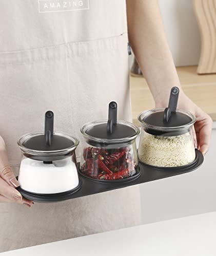 HAPPY BORN 3 pc Seasoning Box Set Salt Sugar Container Set with LidSpoon and BaseSalt Pepper Spices and Pickle jarSpice Box Black - Image 5