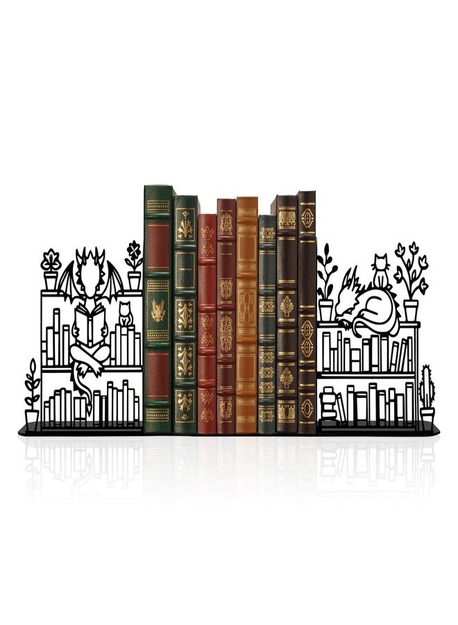 Ecqizer Metal Dragon Reading Book Decorative Bookend 9.1x 4.7 Inches, Unique Dragon Bookends Decorative, Fantasy Dragon Decor,Cute and Fantasy Bookends with Dragon and Cat Lying on The Bookshelf Pattern - Image 1