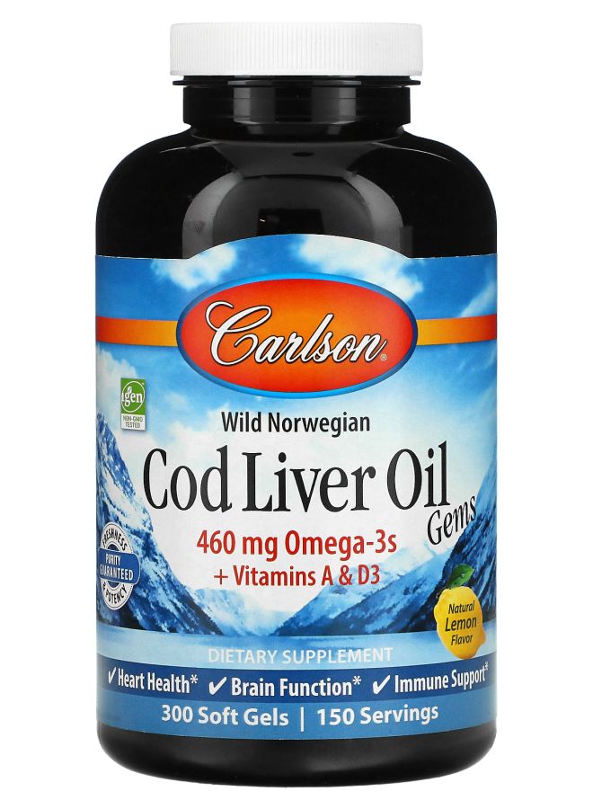 Wild Norwegian Cod Liver Oil Gems Natural Lemon 460 mg 300 Soft Gels (230 mg per Soft Gel)