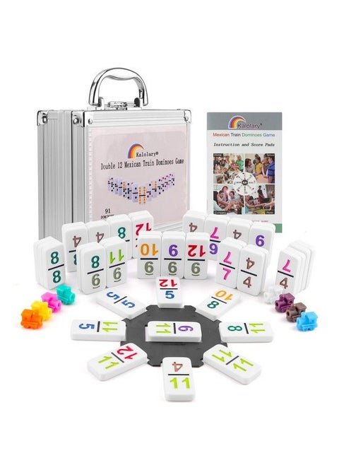 Double 12 Mexican Train Dominoes 91 Tiles Number Dominoes Games In An Aluminum Case With 9 Trains Instruction Booklet Score Pads And Octagon Shape Hub (Numbers Style)