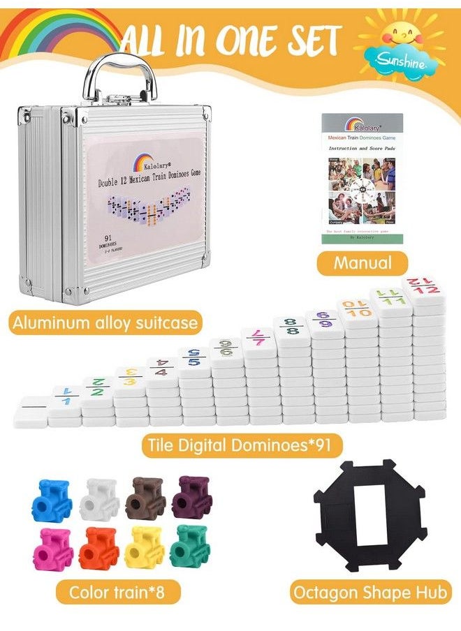 Kalolary - Double 12 Mexican Train Dominoes 91 Tiles Number Dominoes Games In An Aluminum Case With 9 Trains Instruction Booklet Score Pads And Octagon Shape Hub (Numbers Style) - Image 1