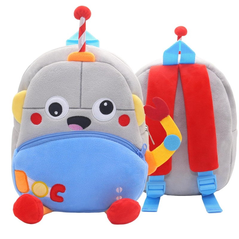 Plush Kids Backpack, Robot Space Design, Soft Lightweight School Bag for Toddlers and Preschool Kids - Image 1