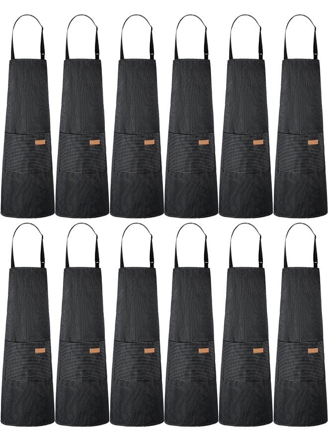 Handepo 12 Pcs Cotton Aprons for Women Men with Pockets Soft Adjustable Bib Stripe Aprons for Cooking Kitchen Chef(Black,Thin Stripes) - Image 1