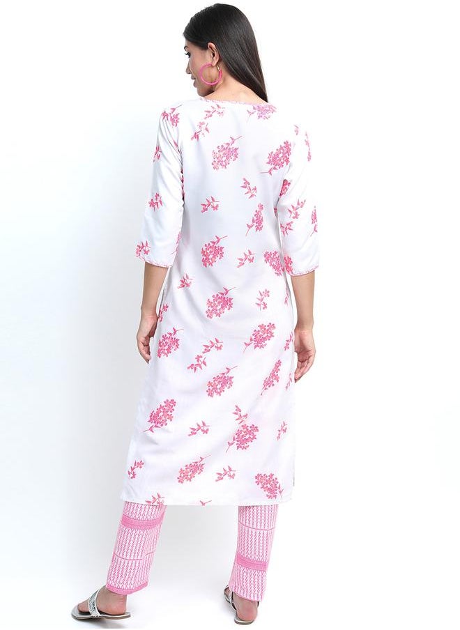 Vishudh Women Pink and White Floral Printed Cotton Kurta Set by Styli  - Image 3