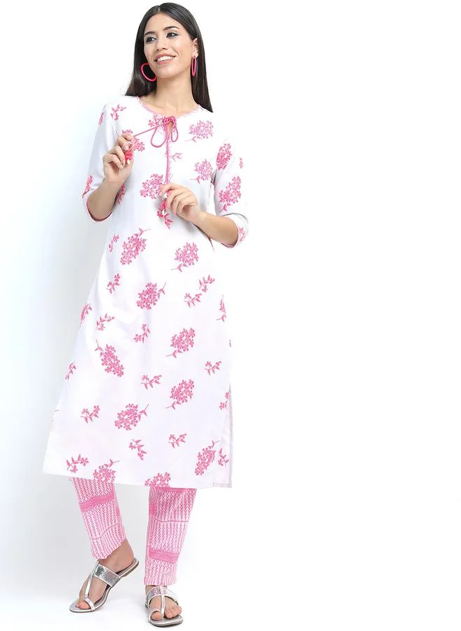 فيشود Women Pink and White Floral Printed Cotton Kurta Set by Styli