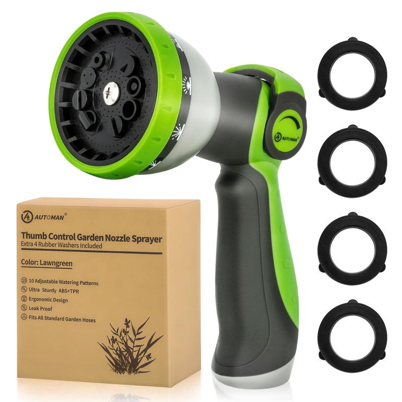 AUTOMAN Garden Hose Nozzle Sprayer - 10 Spray Patterns, Thumb Control On Off Valve, Durable Water Nozzle, Extra 4 Washers, for Watering Garden, Cleaning, Washing Car, Showering Pets Lawngreen - Image 1
