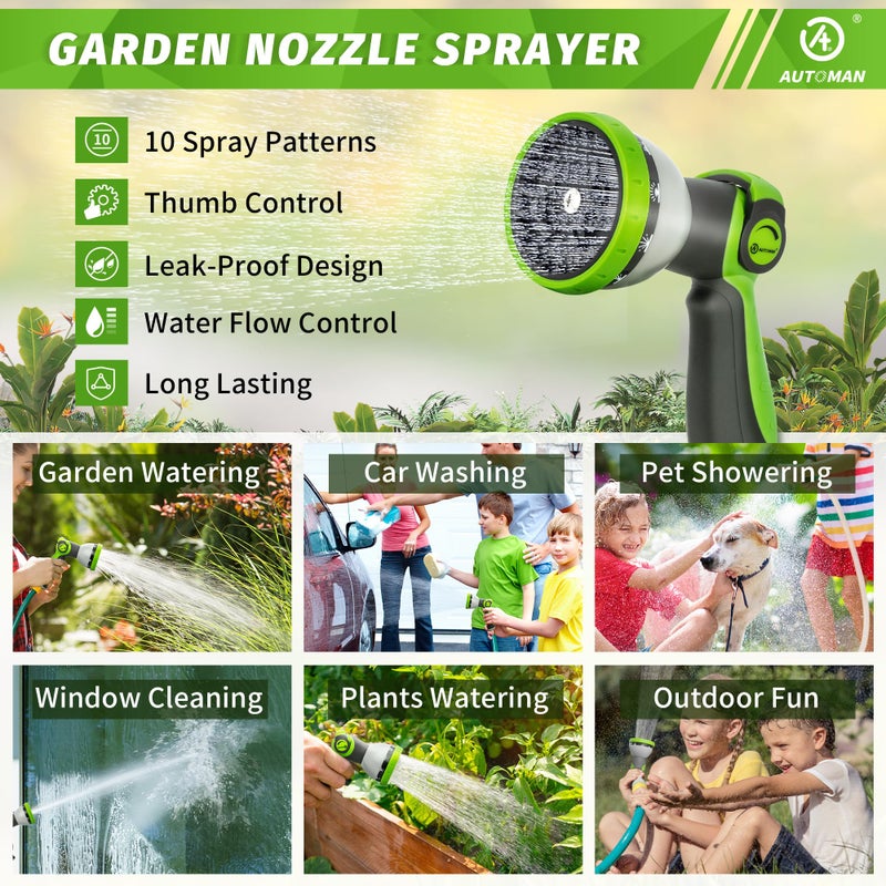 AUTOMAN Garden Hose Nozzle Sprayer - 10 Spray Patterns, Thumb Control On Off Valve, Durable Water Nozzle, Extra 4 Washers, for Watering Garden, Cleaning, Washing Car, Showering Pets Lawngreen - Image 5