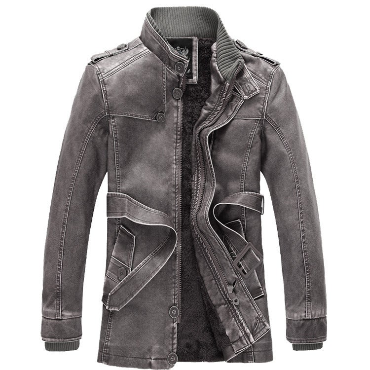 2022 Men'S Mid-Length Casual Fashion Pu Leather Clothing With Vertical Collar Belt Slim Fit Youth Jacket - Image 4