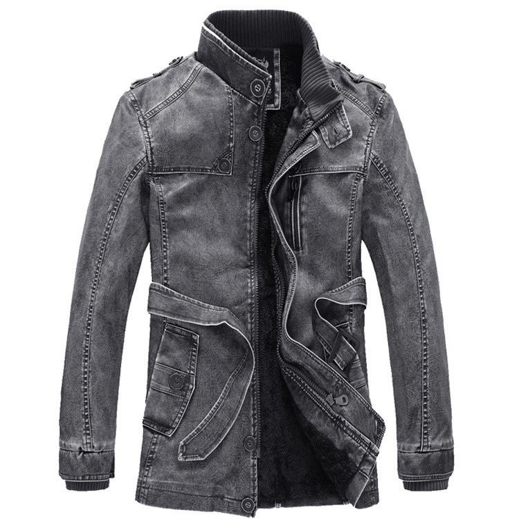2022 Men'S Mid-Length Casual Fashion Pu Leather Clothing With Vertical Collar Belt Slim Fit Youth Jacket - Image 3