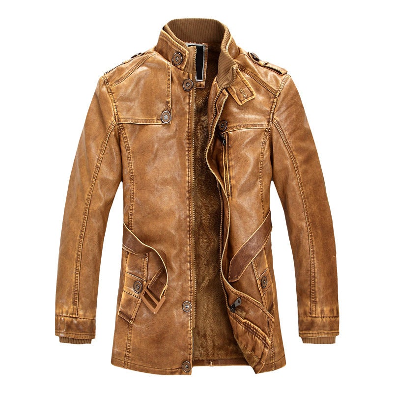 2022 Men'S Mid-Length Casual Fashion Pu Leather Clothing With Vertical Collar Belt Slim Fit Youth Jacket - Image 2