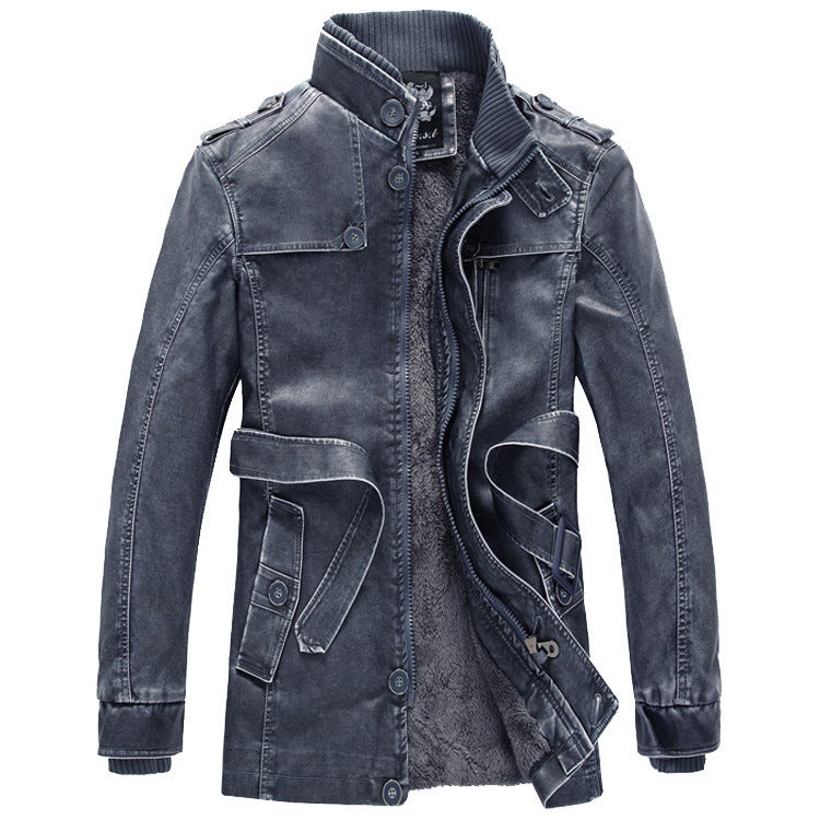 2022 Men'S Mid-Length Casual Fashion Pu Leather Clothing With Vertical Collar Belt Slim Fit Youth Jacket - Image 5
