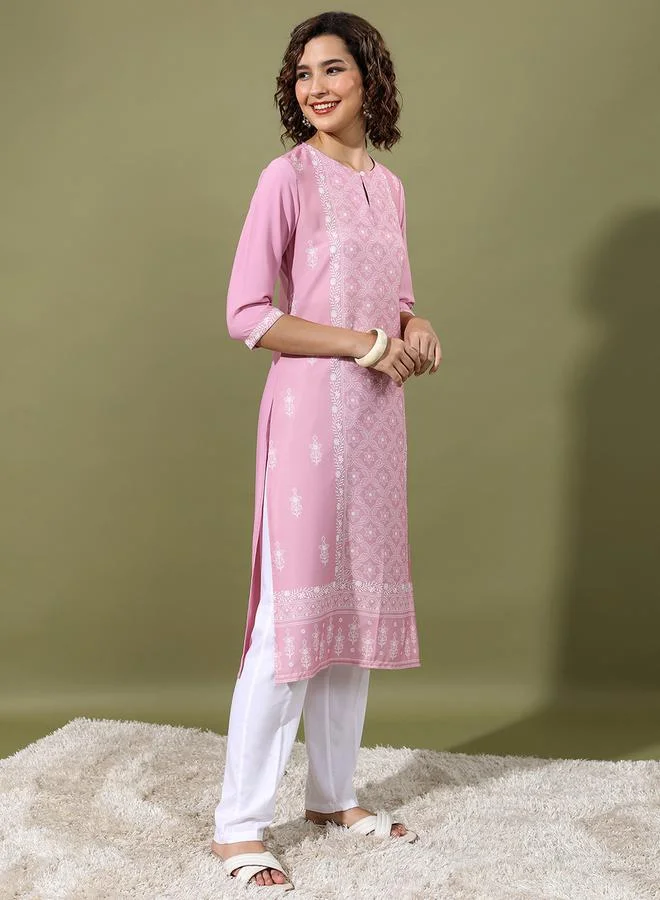 Vishudh Vishudh Pink Floral Printed Keyhole Neck Straight Kurta