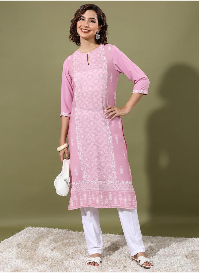 Vishudh Pink Floral Printed Keyhole Neck Straight Kurta by Styli  - Image 1